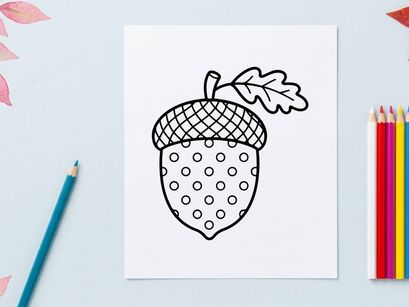 Acorn line art icon. Hand drawn nut illustration with leaf and polka dot pattern.