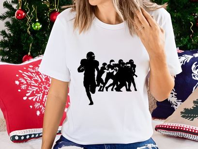 American football players in action running and tackling on the field