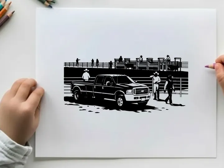Silhouette of a pickup truck and people at an outdoor event