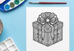 Weihnachtsgeschenkbox mit verzierter Schleife, schwarz-weiß Strichkunst-Illustration zum Ausmalen.