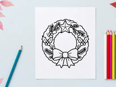 Weihnachtskranz-Linienkunst-Icon mit Stern und Schleife für Festtagsdesign und weihnachtliche Deko