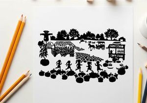 Silhouette of a lively autumn festival with people and pumpkins