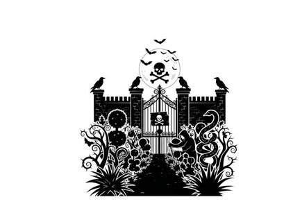 Silhouette of a haunted gate with skull and crossbones