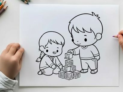 Children learning alphabet blocks vector illustration flat design