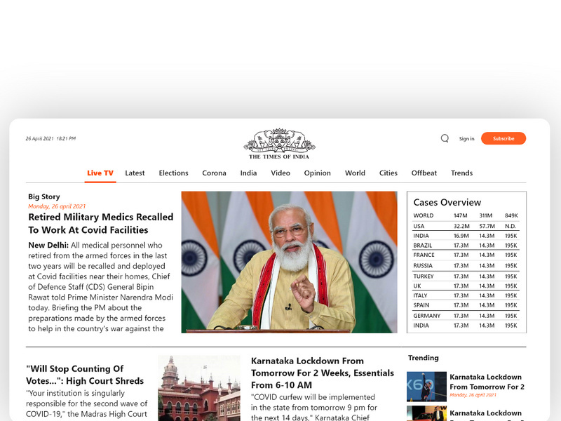 Times Of India Web Page