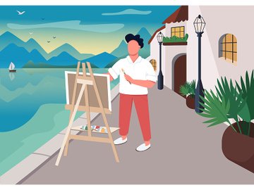 Artist painting at seaside flat color vector illustration preview picture