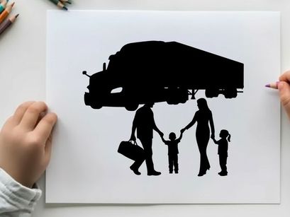 Family silhouette with parents and children under a moving truck silhouette