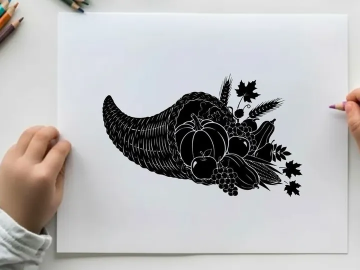 Silhouette of a cornucopia with fruits and leaves