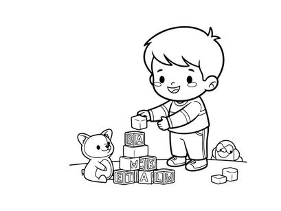 Boy playing with alphabet blocks and toys vector illustration