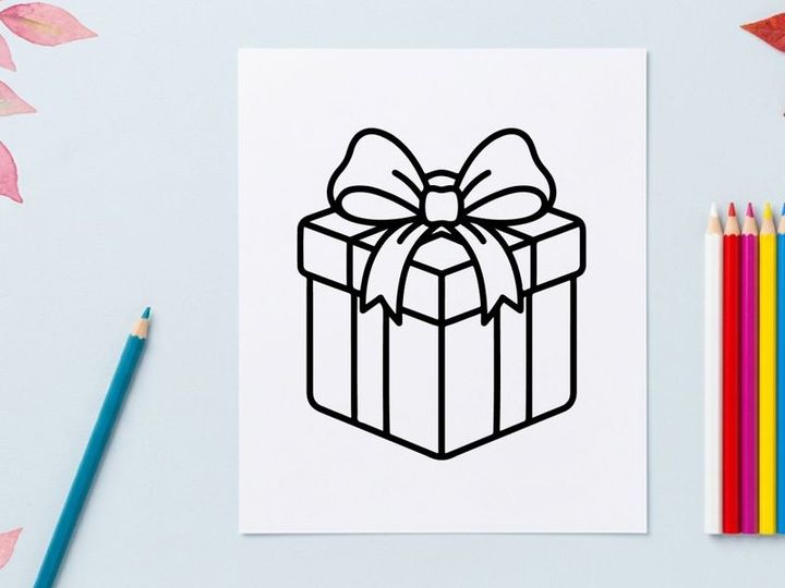 Icono de caja de regalo navideña con moño, ilustración vectorial de arte lineal simple en negro.