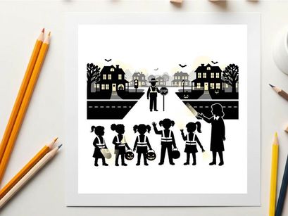 Silhouette of children and teacher crossing the road at night