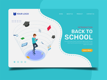 Back to school with man reading book - Landing Page Illustration template preview picture