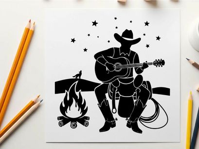 Silhouette of cowboy playing guitar by campfire under starry night