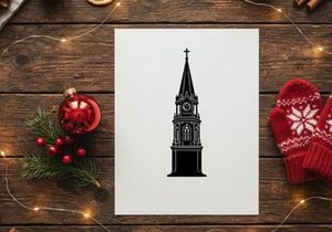 Black silhouette of a church tower with a clock and cross on a white background