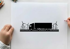 Truck silhouette driving past wind turbines on a sunny day