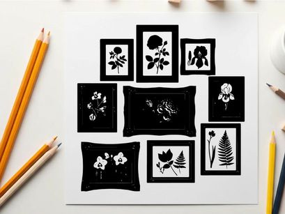 Collection of framed botanical silhouette artworks on white background