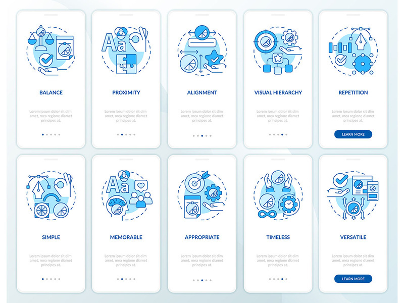 Design principles blue onboarding mobile app screen set