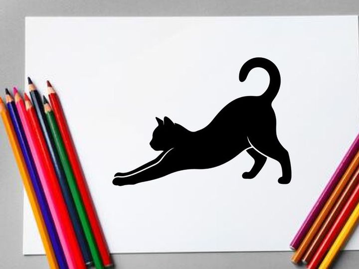 Silhouette of Stretching Cat in Playful Pose on White Background