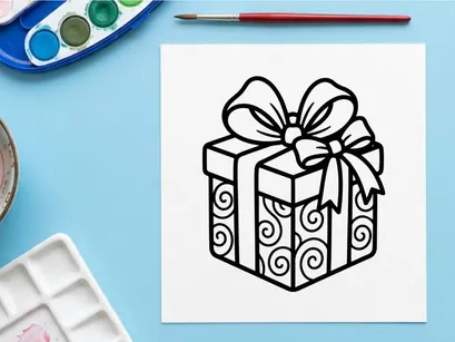 Icono de caja de regalo navideña con lazo, ilustración vectorial en blanco y negro de línea.