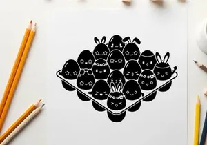 Silhouette of cute cartoon bunnies in a basket