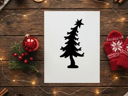 Black Christmas tree silhouette with star topper isolated on white background