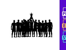 Black silhouette of a sports team with a player lifted on others' hands in celebration