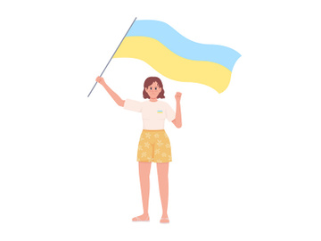 Lady holding Ukrainian flag semi flat color vector character preview picture