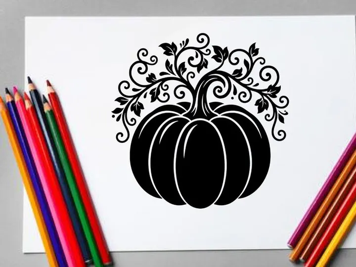 Silhouette of a pumpkin with swirling vine patterns for Halloween or fall decor