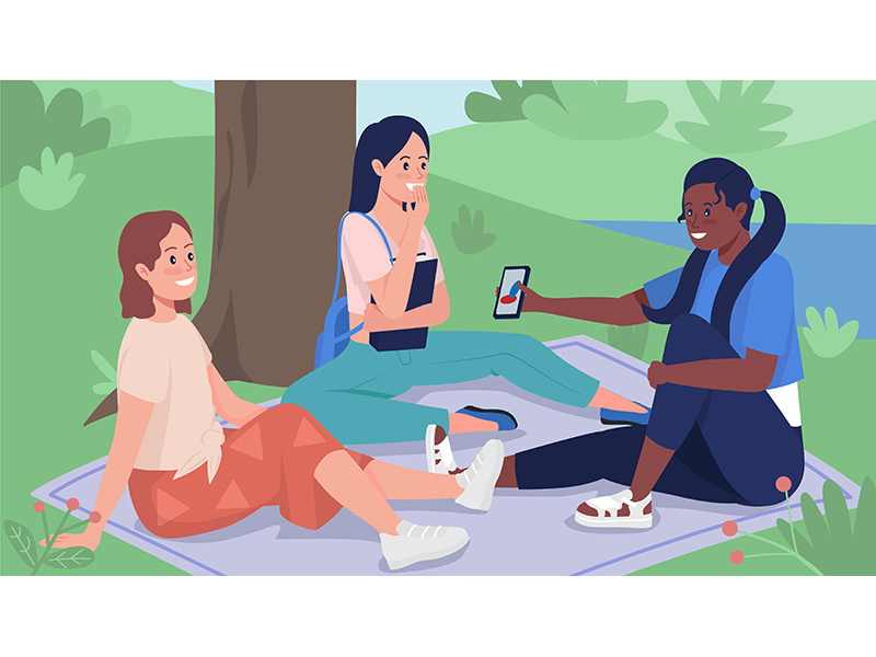 Friends on picnic flat color vector illustration