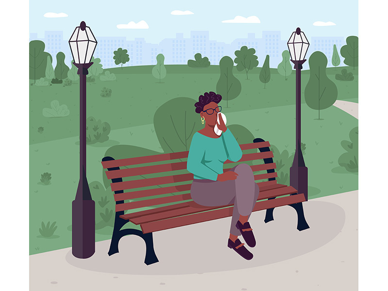 Upset woman sitting on bench in park flat color vector illustration