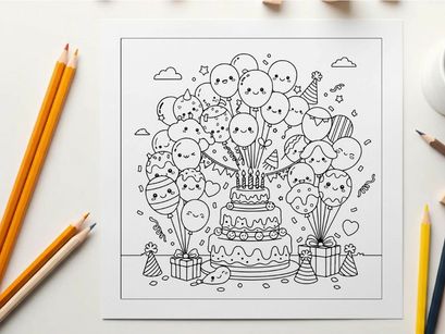 Birthday celebration with balloons and cake vector illustration
