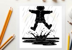 Silhouette of a child jumping in a puddle on a rainy day