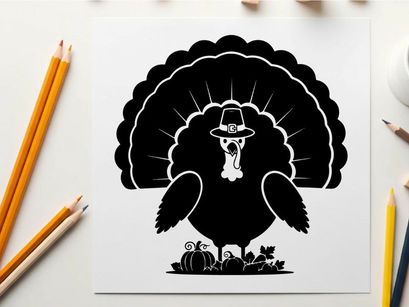 Silhouette of a pilgrim turkey with hat and feathers