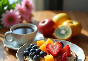 a healthy breakfast consisting of fruit bowl, coffee and flowers.