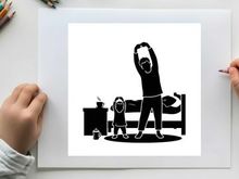 Silhouette of a man and child stretching together at home