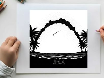 Comet or meteor passing over tropical island in silhouette