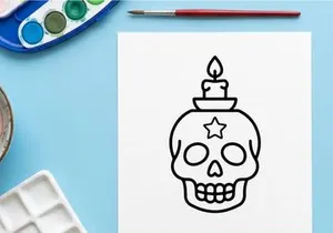 Halloween Zucker-Schädel-Kerzenjar mit brennender Flamme. Unheimlicher dekorativer Tag-des-Toten-Votivhalter für festliche Feiern.