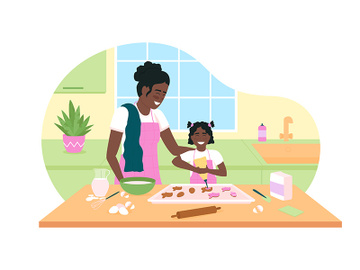 Happy african american mother and daughter bake cookies 2D vector web banner, poster preview picture