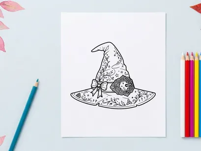 Topi ahli sihir dengan siluet kucing untuk desain Halloween. Ilustrasi bergaya vintage aksesoris magis dan garis luar kucing hitam.