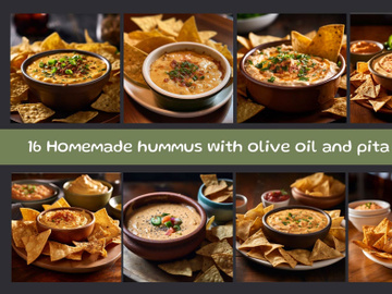 Homemade hummus with olive oil and pita chips preview picture
