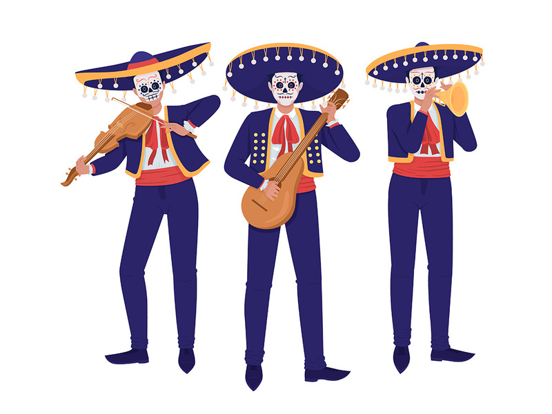 Musicians in mexican costumes semi flat color vector character