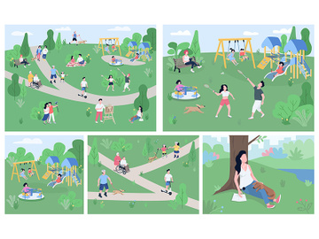 Rest in park flat color vector illustrations set preview picture