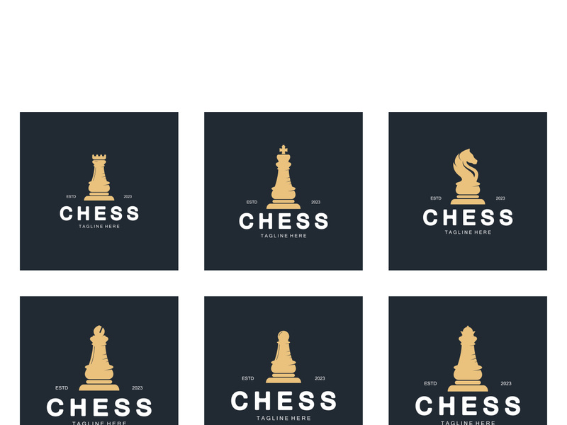 Chess strategy game logo with horse, king, pawn, minister and rook. Logo for chess tournament, chess team, chess championship, chess game application.