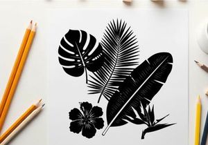 Tropical silhouette of leaves and a flower arrangement
