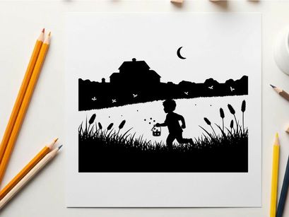 Silhouette of a child running under a crescent moon at dusk