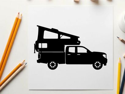 Silhouette of a pickup truck with a camper on the back
