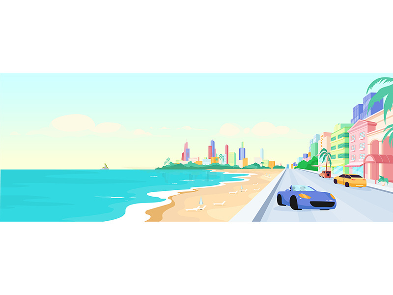 Miami beach at daytime flat color vector illustration