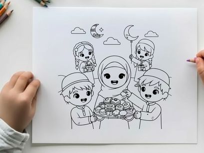 Muslim children iftar meal Ramadan celebration flat design vector illustration