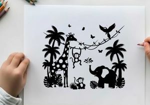 Jungle scene with silhouette animals and tropical plants