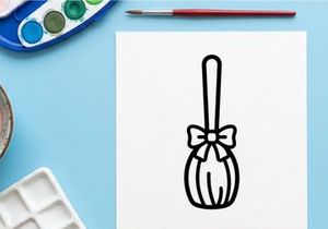 Halloween witch broom icon. Minimalist magic broomstick symbol with a decorative bow.